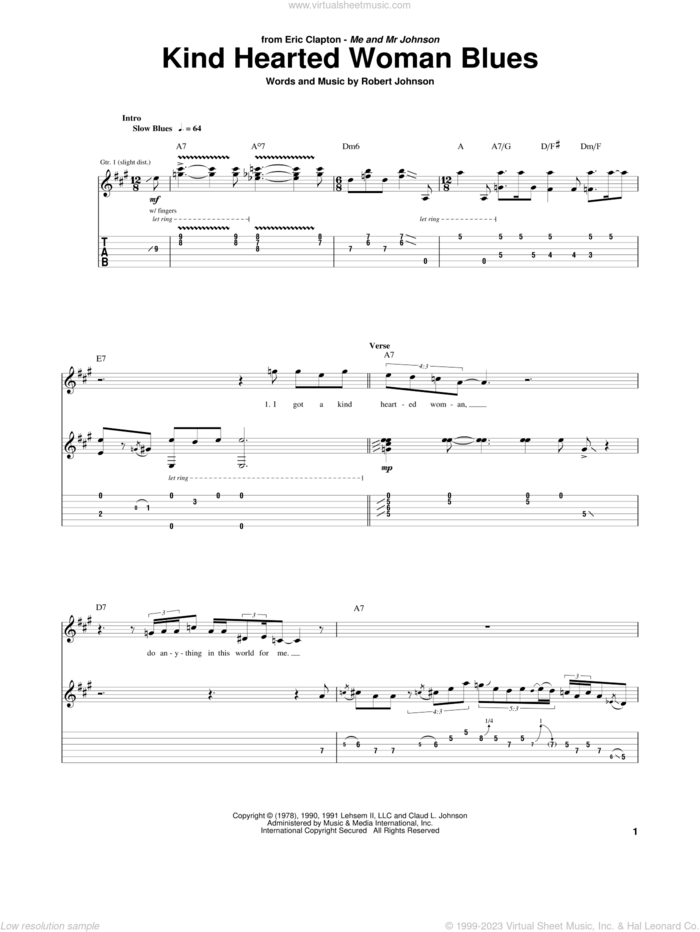 Kind Hearted Woman Blues sheet music for guitar (tablature) by Eric Clapton and Robert Johnson, intermediate skill level