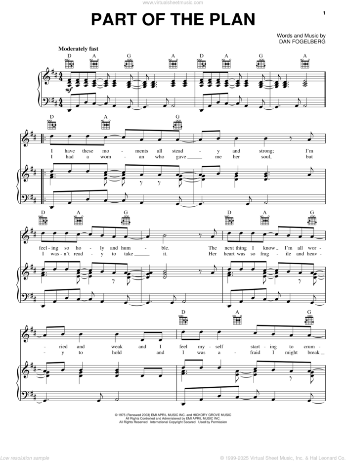 Part Of The Plan sheet music for voice, piano or guitar by Dan Fogelberg, intermediate skill level