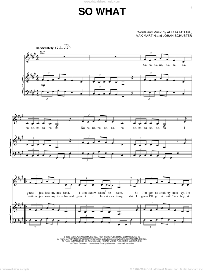 So What sheet music for voice, piano or guitar by Max Martin, Alvin And The Chipmunks: The Squeakquel (Movie), Miscellaneous, Alecia Moore and Johan Schuster, intermediate skill level