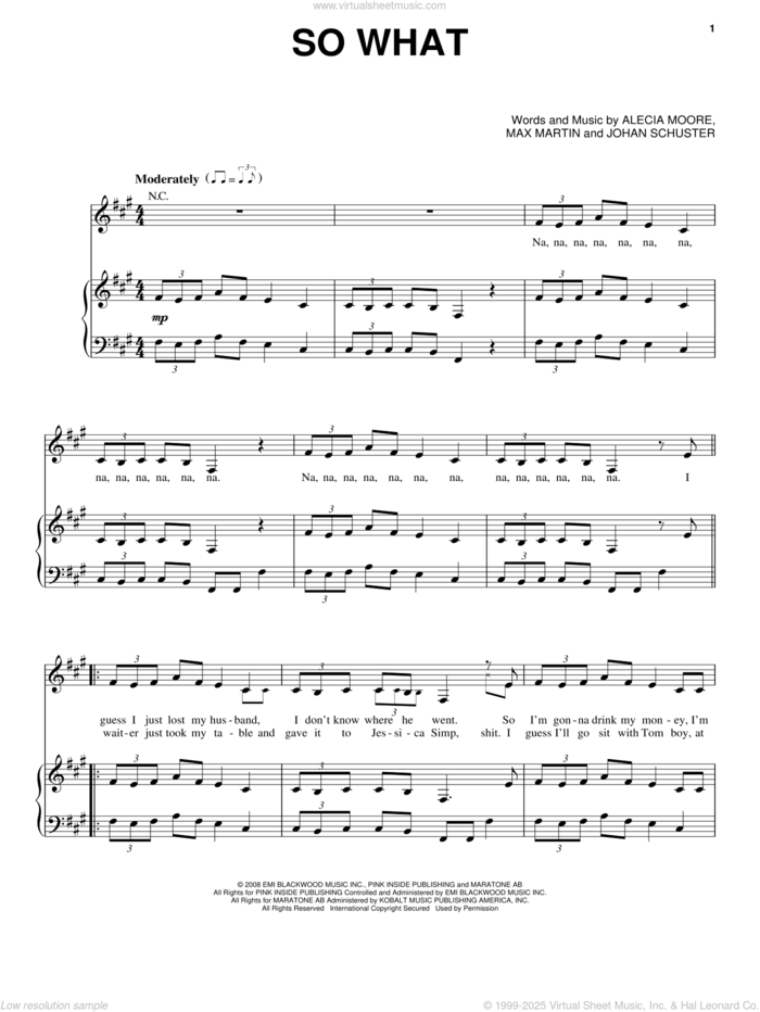 So What sheet music for voice, piano or guitar by P!nk, Alvin And The Chipmunks: The Squeakquel (Movie), Miscellaneous, Alecia Moore, Johan Schuster and Max Martin, intermediate skill level