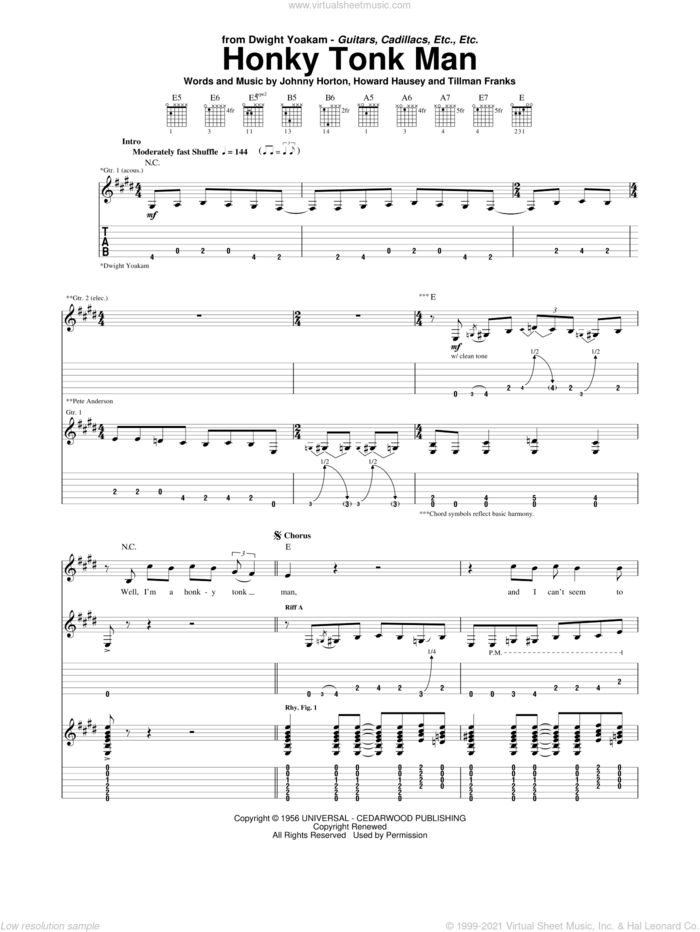 Honky Tonk Man sheet music for guitar (tablature) by Dwight Yoakam, Howard Hausey, Johnny Horton and Tillman Franks, intermediate skill level