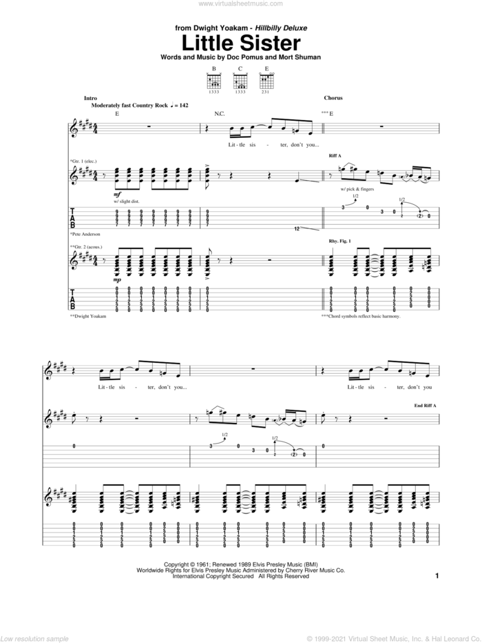 Little Sister sheet music for guitar (tablature) by Dwight Yoakam, Doc Pomus, Elvis Presley, Jerome Pomus and Mort Shuman, intermediate skill level