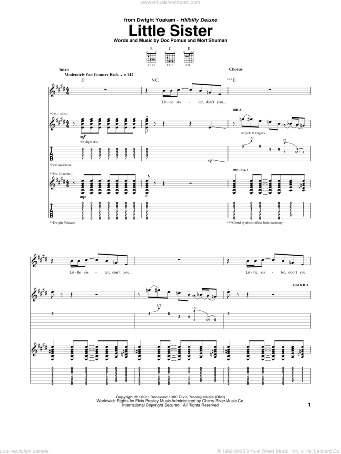 Little Sister sheet music for guitar (tablature) by Dwight Yoakam, Doc Pomus, Elvis Presley, Jerome Pomus and Mort Shuman, intermediate skill level