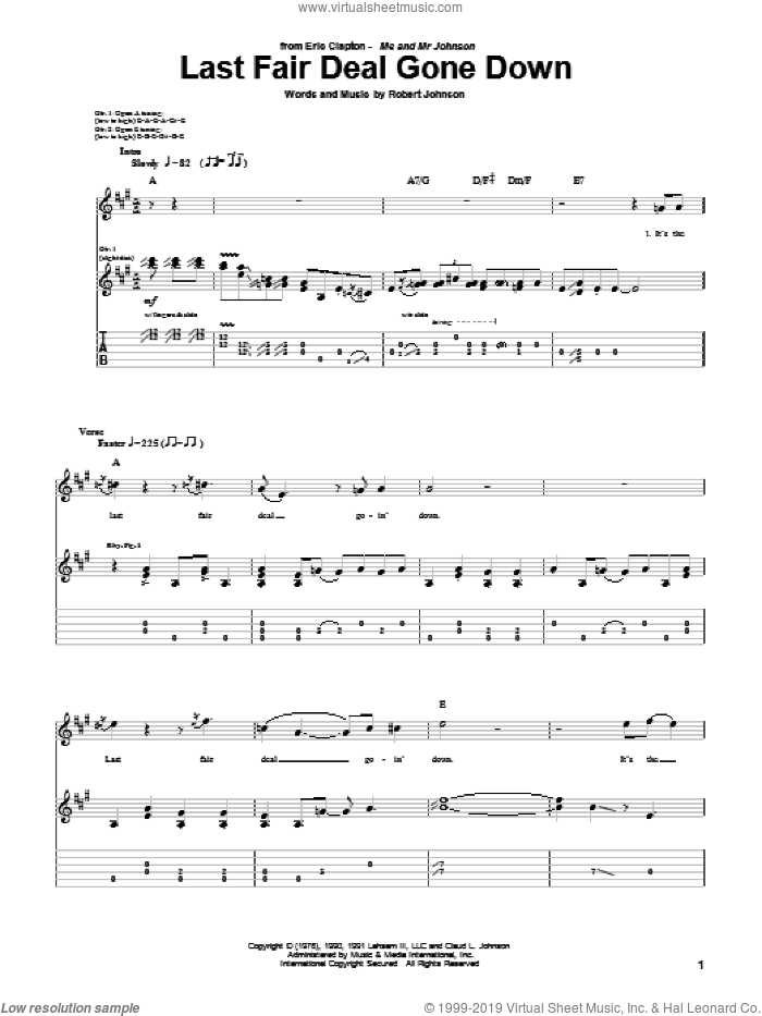 Last Fair Deal Gone Down sheet music for guitar (tablature) by Eric Clapton and Robert Johnson, intermediate skill level