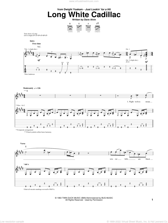 Long White Cadillac sheet music for guitar (tablature) by Dwight Yoakam and Dave Alvin, intermediate skill level