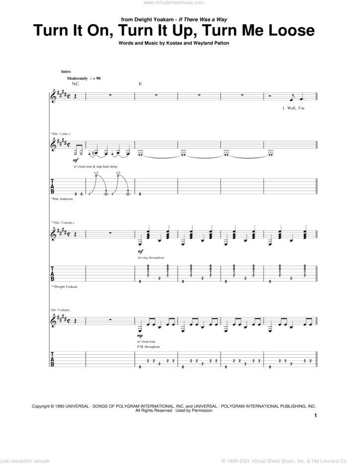 Turn It On, Turn It Up, Turn Me Loose sheet music for guitar (tablature) by Dwight Yoakam, Kostas and Wayland Patton, intermediate skill level