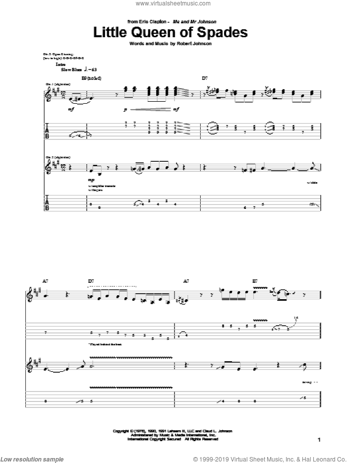 Little Queen Of Spades sheet music for guitar (tablature) by Eric Clapton and Robert Johnson, intermediate skill level