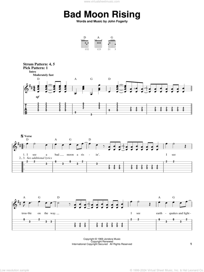 Bad Moon Rising sheet music for guitar solo (easy tablature) by Creedence Clearwater Revival and John Fogerty, easy guitar (easy tablature)