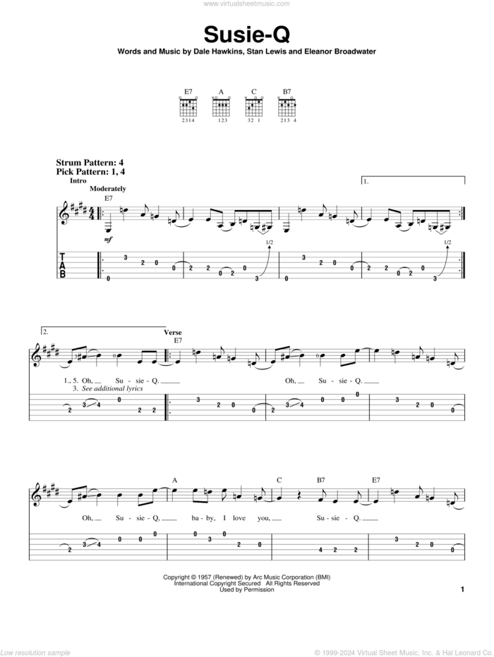 Susie-Q sheet music for guitar solo (easy tablature) by Creedence Clearwater Revival, Dale Hawkins, Eleanor Broadwater and Stan Lewis, easy guitar (easy tablature)
