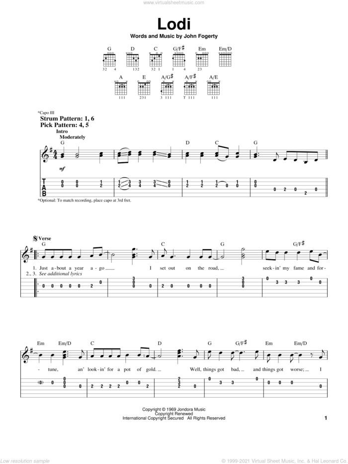Lodi sheet music for guitar solo (easy tablature) by Creedence Clearwater Revival and John Fogerty, easy guitar (easy tablature)