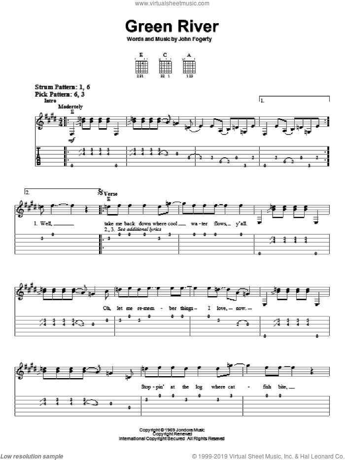 Green River sheet music for guitar solo (easy tablature) by Creedence Clearwater Revival and John Fogerty, easy guitar (easy tablature)