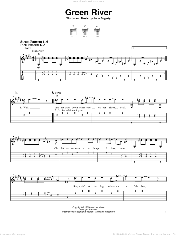 Green River sheet music for guitar solo (easy tablature) by Creedence Clearwater Revival and John Fogerty, easy guitar (easy tablature)