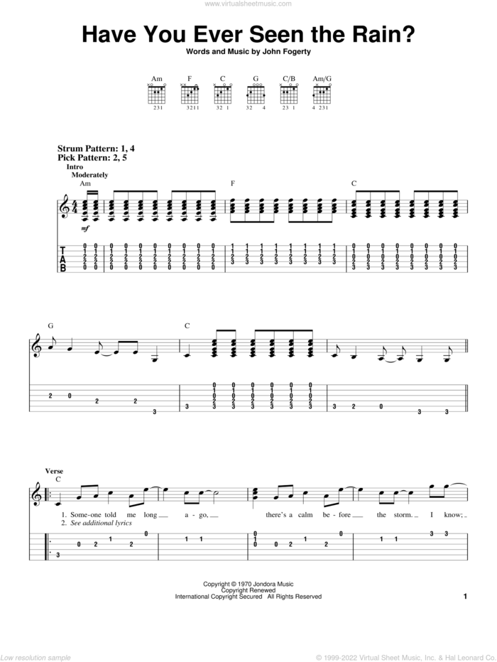 Have You Ever Seen The Rain?, (easy) sheet music for guitar solo (easy tablature) by Creedence Clearwater Revival and John Fogerty, easy guitar (easy tablature)