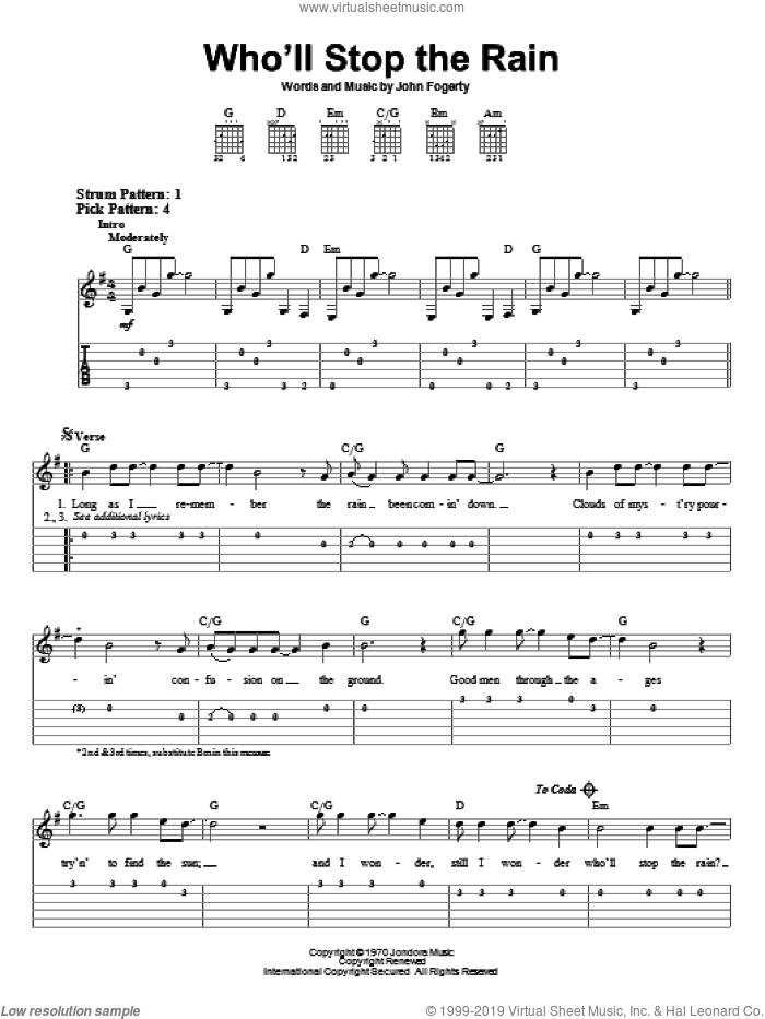 Who'll Stop The Rain sheet music for guitar solo (easy tablature) by Creedence Clearwater Revival and John Fogerty, easy guitar (easy tablature)