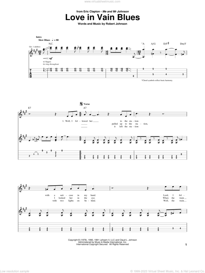 Love In Vain Blues sheet music for guitar (tablature) by Eric Clapton and Robert Johnson, intermediate skill level
