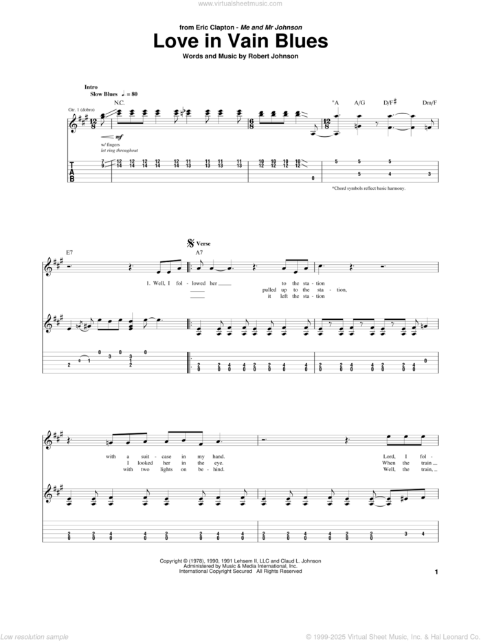 Love In Vain Blues sheet music for guitar (tablature) by Eric Clapton and Robert Johnson, intermediate skill level