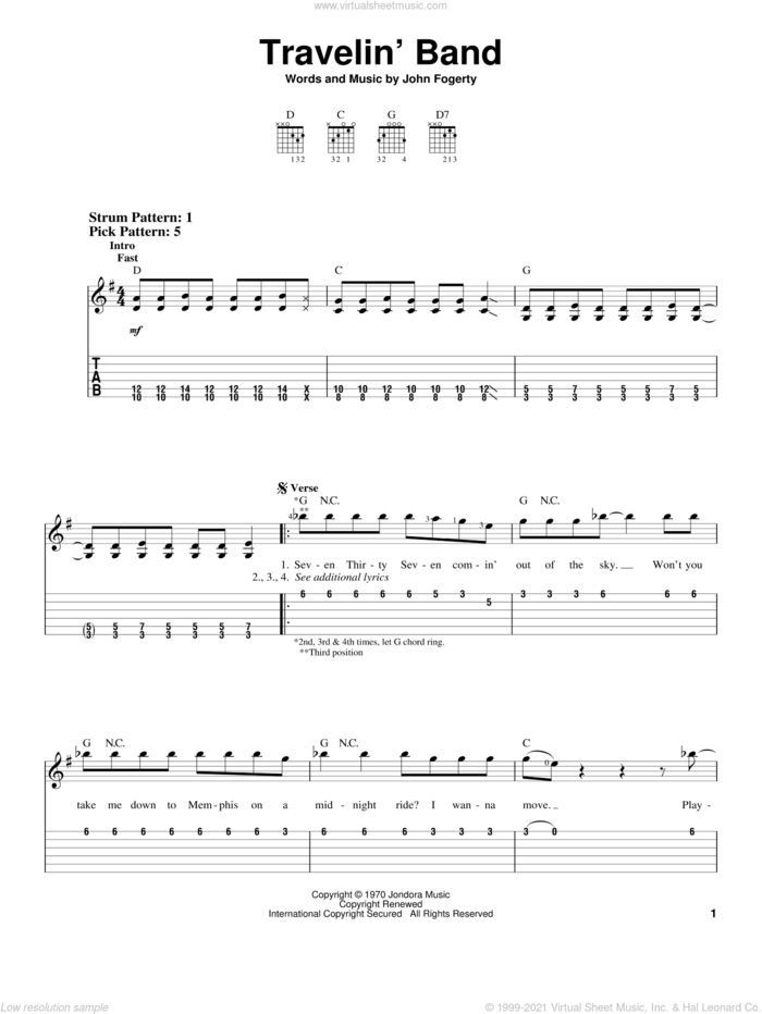 Travelin' Band sheet music for guitar solo (easy tablature) by Creedence Clearwater Revival and John Fogerty, easy guitar (easy tablature)