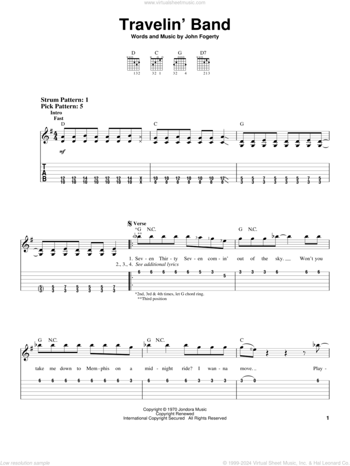 Travelin' Band sheet music for guitar solo (easy tablature) by Creedence Clearwater Revival and John Fogerty, easy guitar (easy tablature)