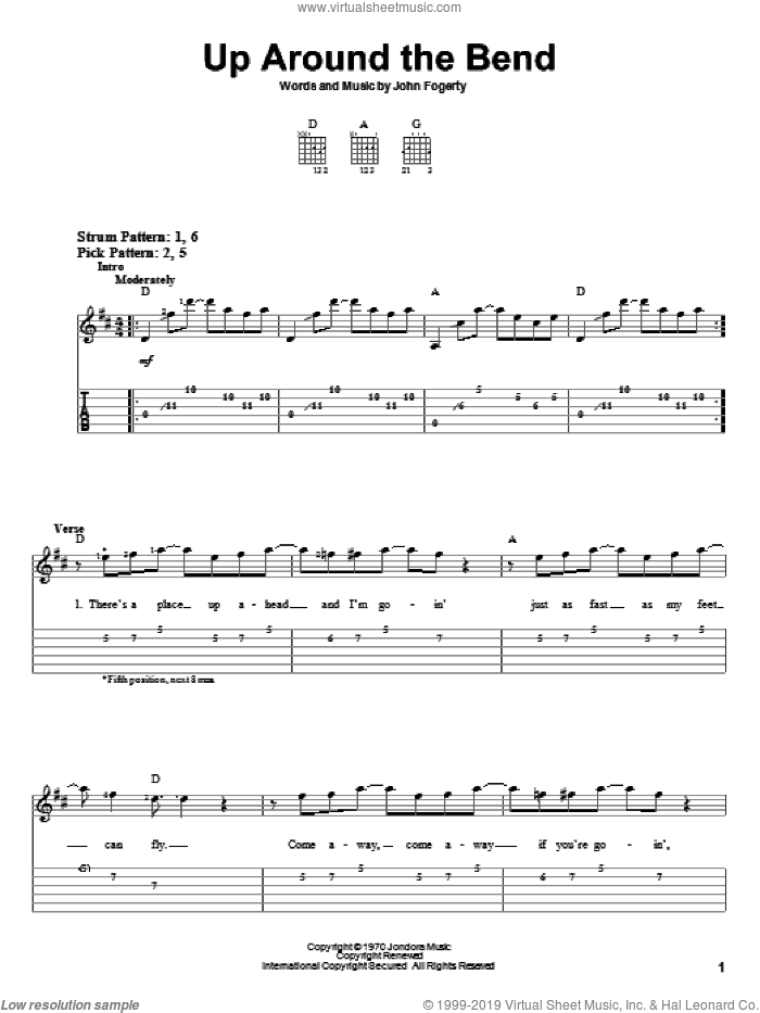Up Around The Bend sheet music for guitar solo (easy tablature) by Creedence Clearwater Revival and John Fogerty, easy guitar (easy tablature)