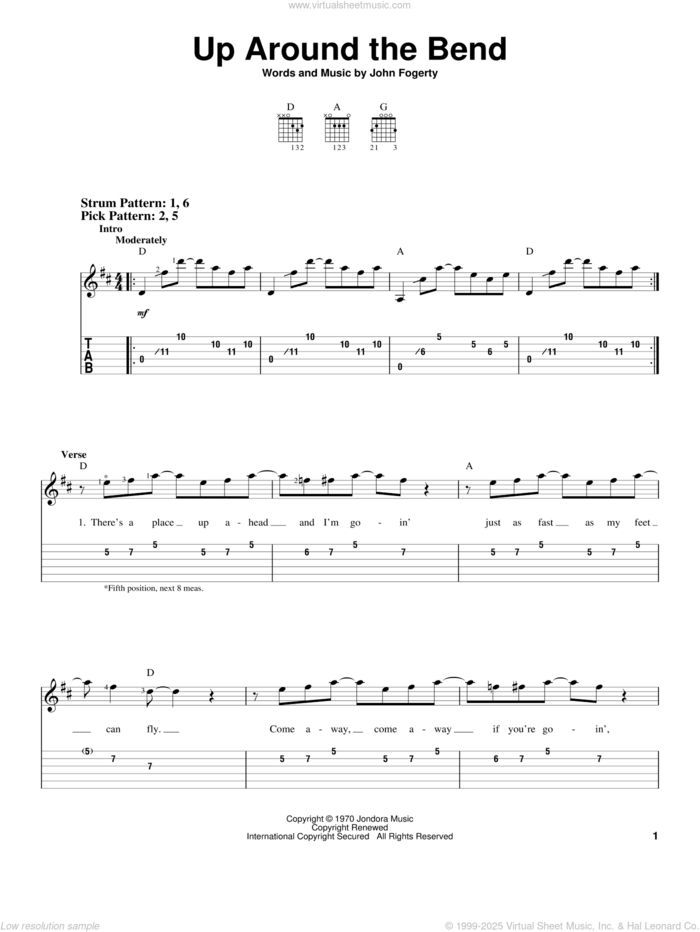 Up Around The Bend sheet music for guitar solo (easy tablature) by Creedence Clearwater Revival and John Fogerty, easy guitar (easy tablature)