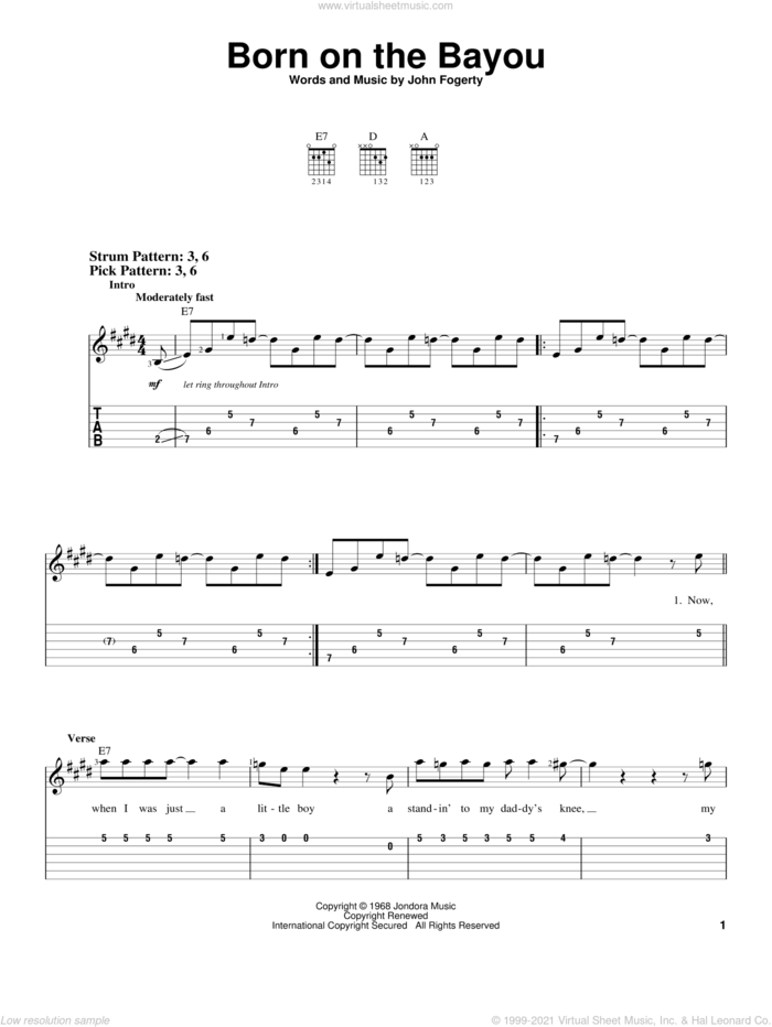 Born On The Bayou sheet music for guitar solo (easy tablature) by Creedence Clearwater Revival and John Fogerty, easy guitar (easy tablature)