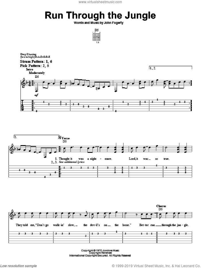 Run Through The Jungle sheet music for guitar solo (easy tablature) by Creedence Clearwater Revival and John Fogerty, easy guitar (easy tablature)