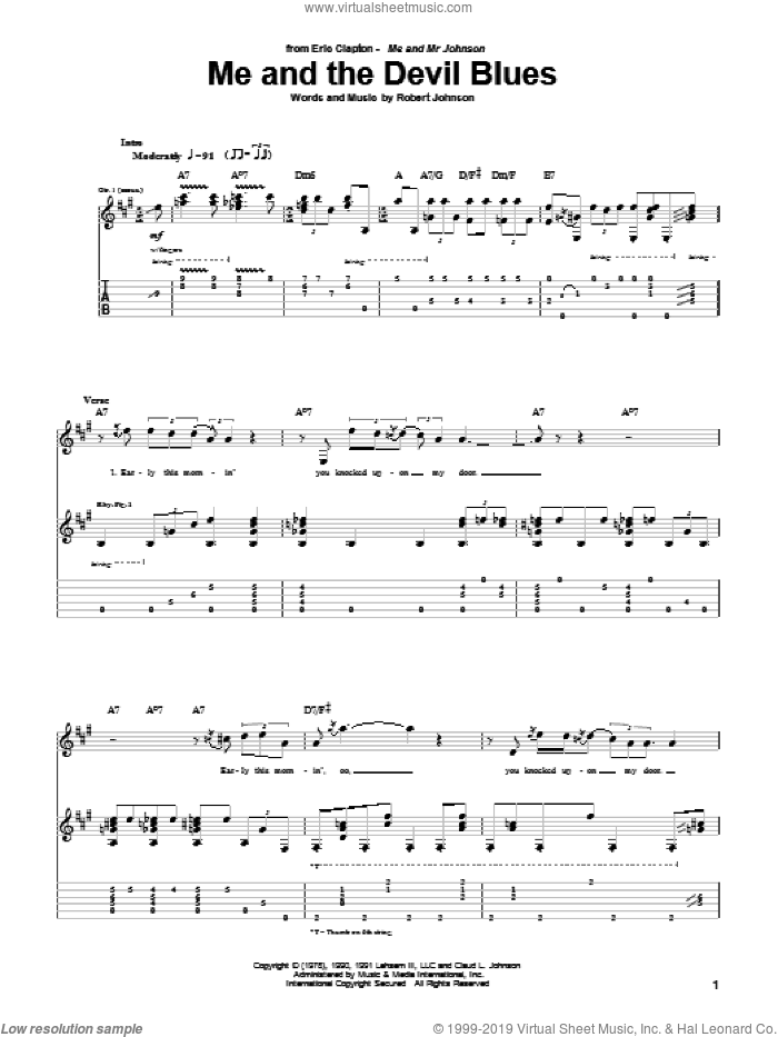 Me And The Devil Blues sheet music for guitar (tablature) by Eric Clapton and Robert Johnson, intermediate skill level