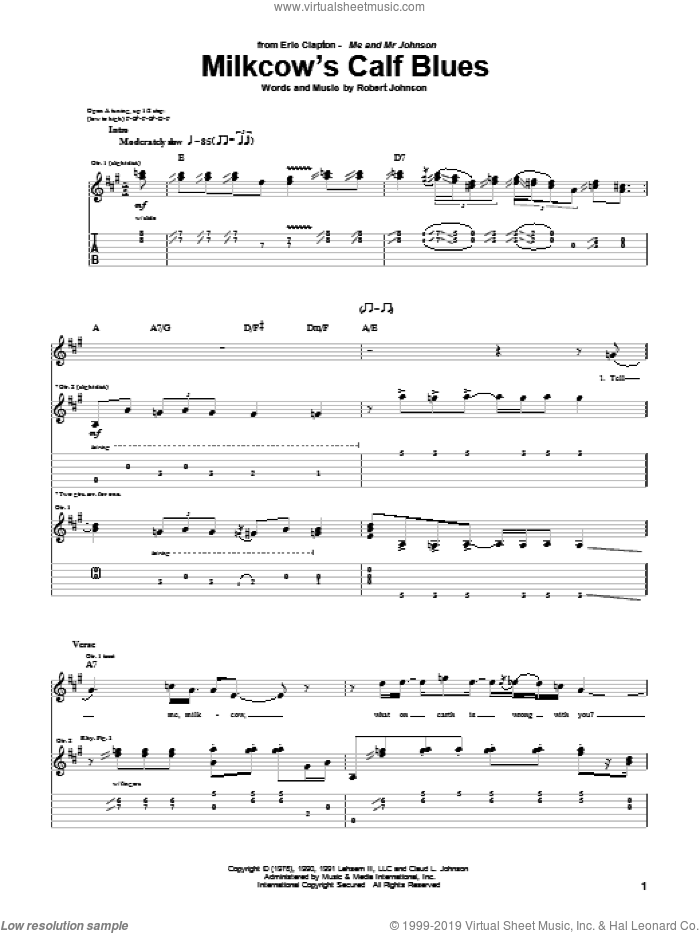 Milkcow's Calf Blues sheet music for guitar (tablature) by Eric Clapton and Robert Johnson, intermediate skill level