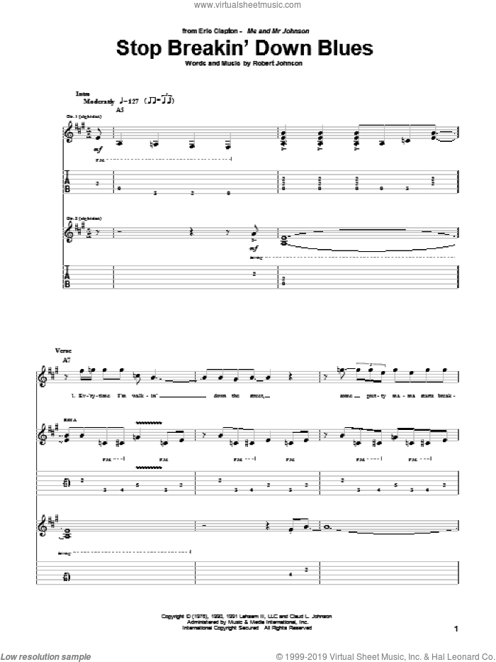 Stop Breakin' Down Blues sheet music for guitar (tablature) by Eric Clapton and Robert Johnson, intermediate skill level