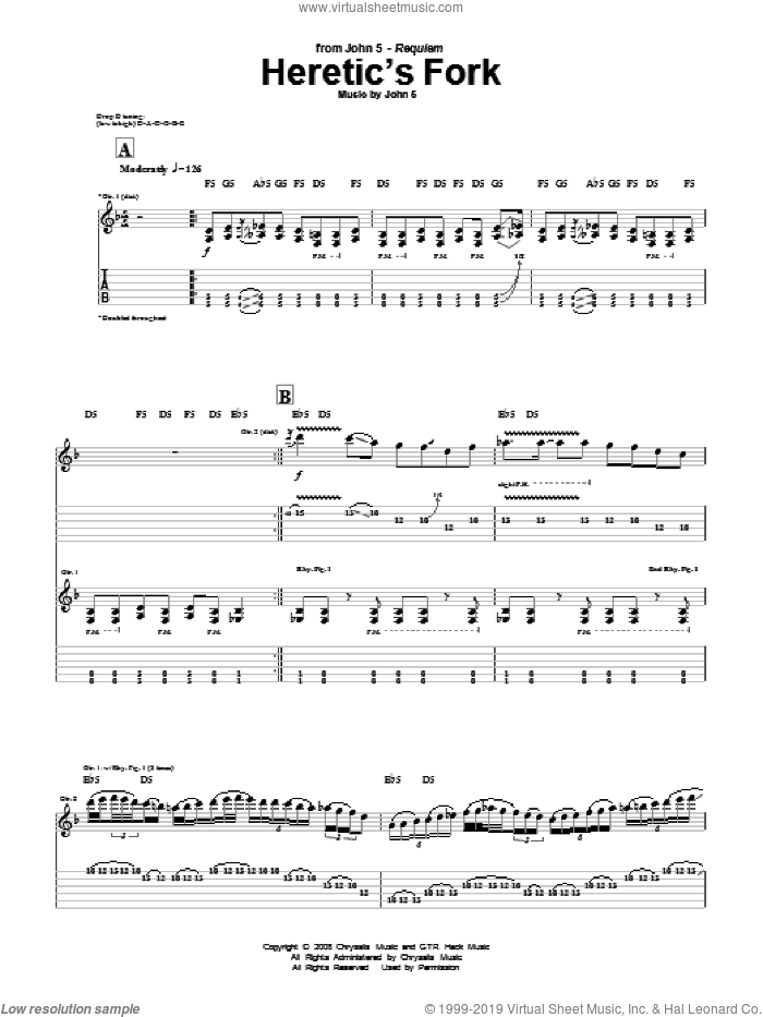 Heretic's Fork sheet music for guitar (tablature) by John5, intermediate skill level
