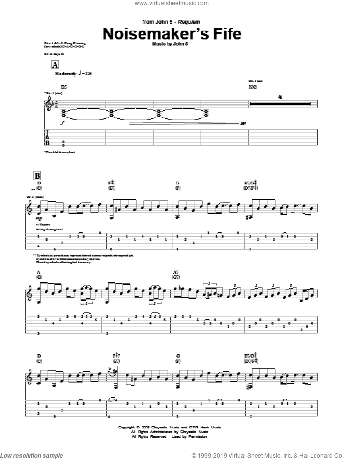 Noisemaker's Fife sheet music for guitar (tablature) by John5, intermediate skill level