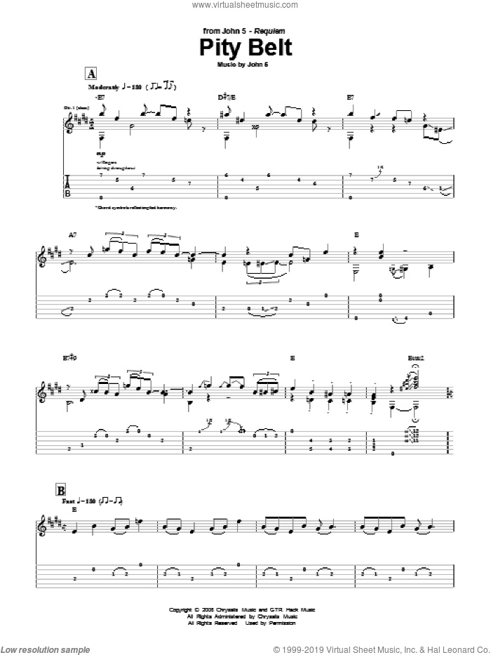 Pity Belt sheet music for guitar (tablature) by John5, intermediate skill level