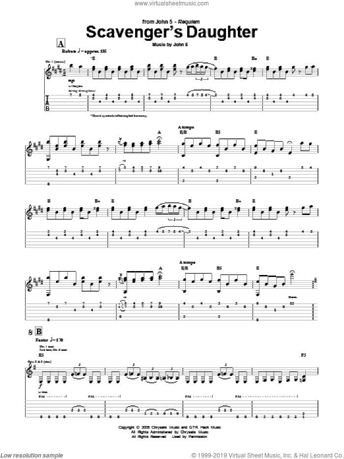 Scavenger's Daughter sheet music for guitar (tablature) by John5, intermediate skill level