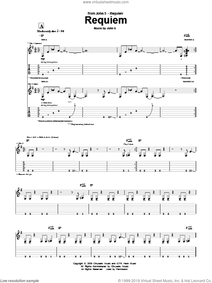 Requiem sheet music for guitar (tablature) by John5, intermediate skill level