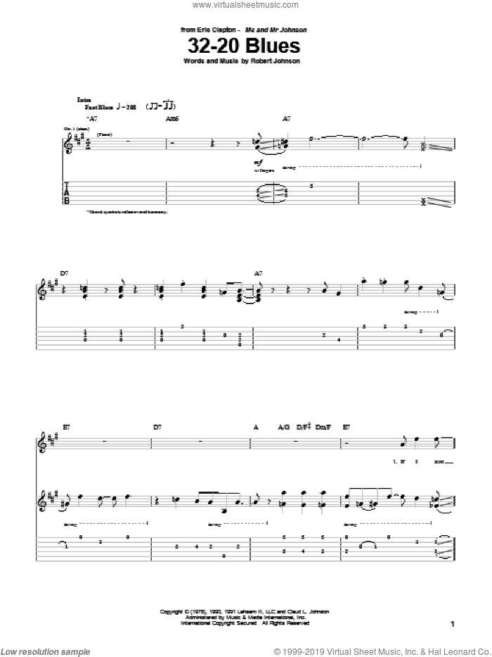 32-20 Blues sheet music for guitar (tablature) by Eric Clapton and Robert Johnson, intermediate skill level