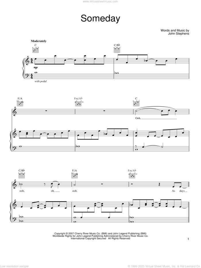 Someday sheet music for voice, piano or guitar by John Legend and John Stephens, intermediate skill level