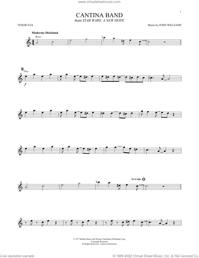 Cantina Band (from Star Wars: A New Hope) sheet music for tenor saxophone solo by John Williams, intermediate skill level