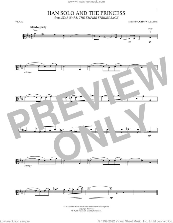 Han Solo And The Princess (from Star Wars: The Empire Strikes Back) sheet music for viola solo by John Williams, intermediate skill level