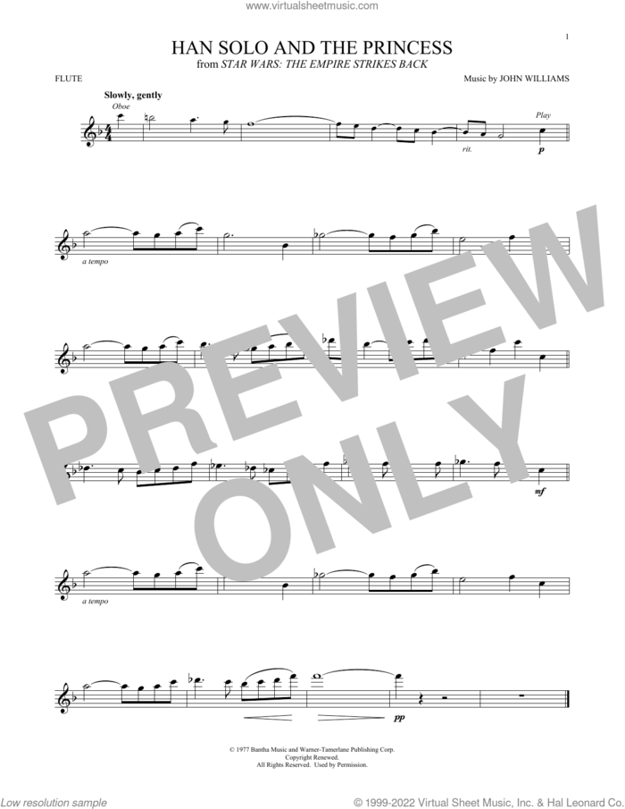 Han Solo And The Princess (from Star Wars: The Empire Strikes Back) sheet music for flute solo by John Williams, intermediate skill level