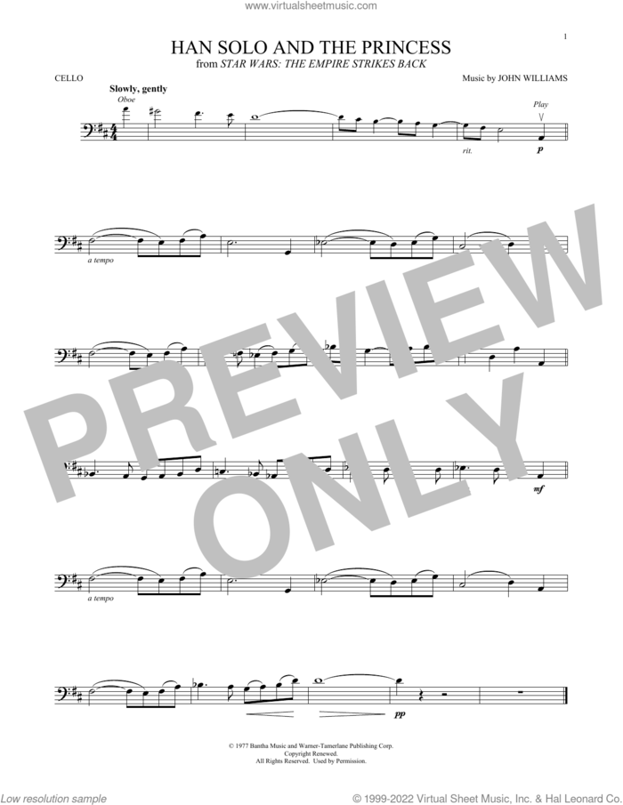 Han Solo And The Princess (from Star Wars: The Empire Strikes Back) sheet music for cello solo by John Williams, intermediate skill level