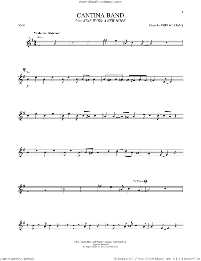 Cantina Band (from Star Wars: A New Hope) sheet music for oboe solo by John Williams, intermediate skill level
