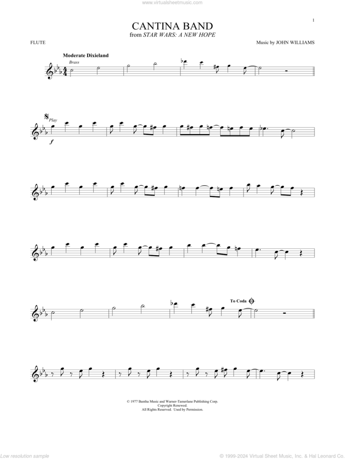 Cantina Band (from Star Wars: A New Hope) sheet music for flute solo by John Williams, intermediate skill level