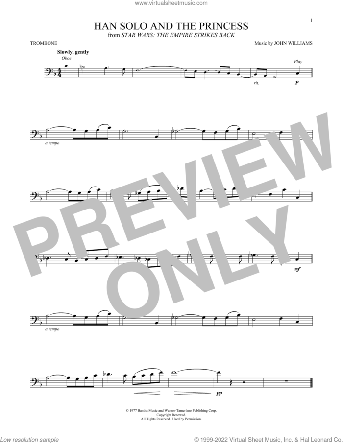 Han Solo And The Princess (from Star Wars: The Empire Strikes Back) sheet music for trombone solo by John Williams, intermediate skill level