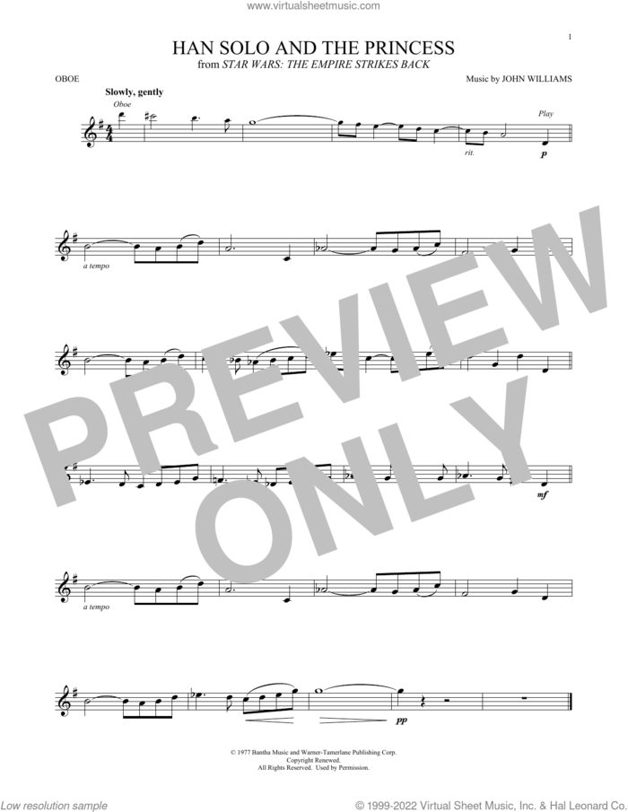 Han Solo And The Princess (from Star Wars: The Empire Strikes Back) sheet music for oboe solo by John Williams, intermediate skill level
