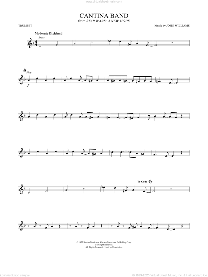 Cantina Band (from Star Wars: A New Hope) sheet music for trumpet solo by John Williams, intermediate skill level