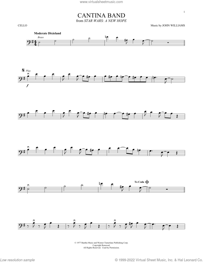 Cantina Band (from Star Wars: A New Hope) sheet music for cello solo by John Williams, intermediate skill level