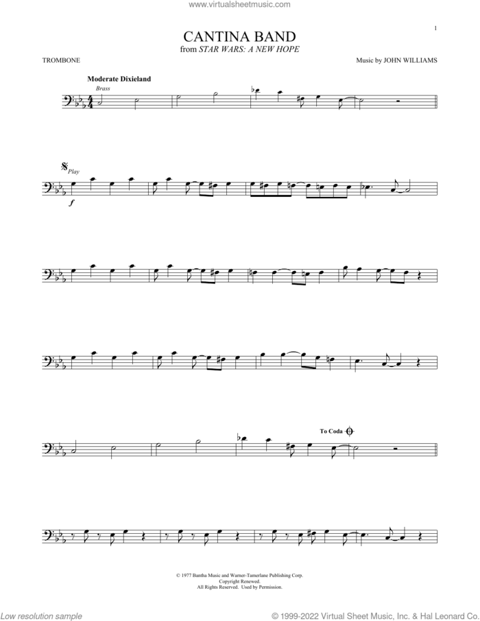Cantina Band (from Star Wars: A New Hope) sheet music for trombone solo by John Williams, intermediate skill level