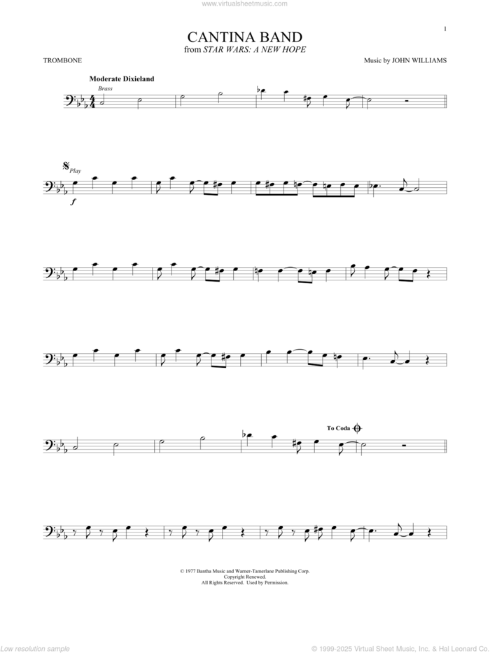 Cantina Band (from Star Wars: A New Hope) sheet music for trombone solo by John Williams, intermediate skill level