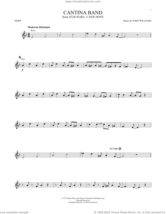Cantina Band (from Star Wars: A New Hope) sheet music for horn solo by John Williams, intermediate skill level