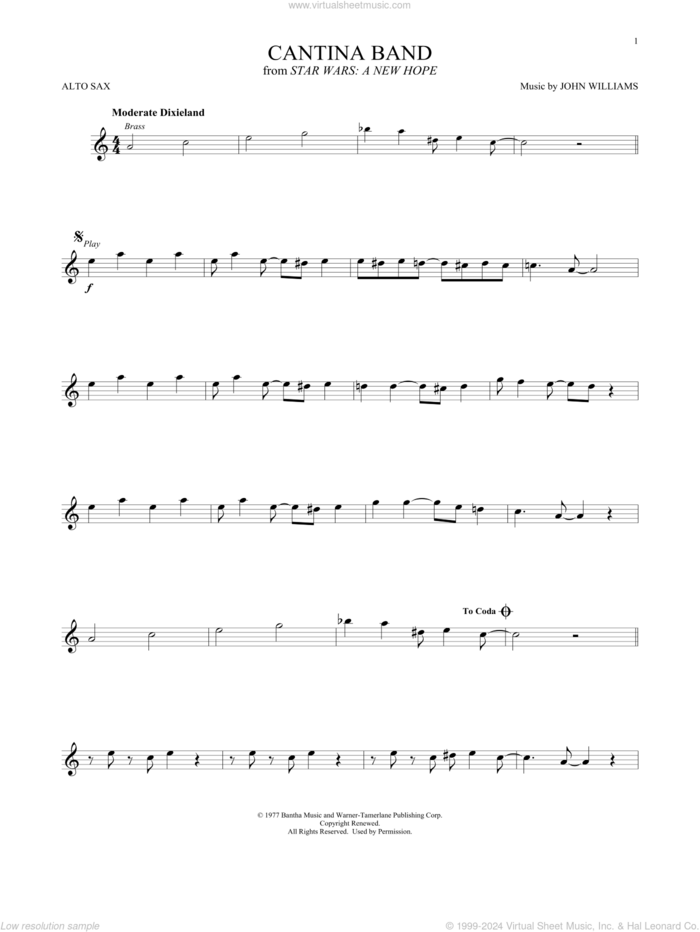 Cantina Band (from Star Wars: A New Hope) sheet music for alto saxophone solo by John Williams, intermediate skill level